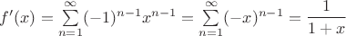 $f'(x)=\sum\limits_{n=1}^{\infty}(-1)^{n-1}x^{n-1}=\sum\limits_{n=1}^{\infty}(-x)^{n-1}=\dfrac{1}{1+x}$
