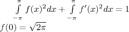$\int\limits_{-\pi}^{\pi} f(x)^2 dx + \int\limits_{-\pi}^{\pi} f'(x)^2 dx = 1\\f(0)=\sqrt{2\pi}$