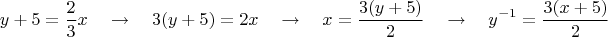 $$y+5=\dfrac 2 3 x \quad \to \quad 3(y+5)=2x \quad \to \quad x= \dfrac {3(y+5)}{2}  \quad \to \quad y^{-1}=\dfrac {3(x+5)}{2}$$