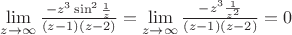 $\lim\limits_{z\to\infty}^{}\frac{-z^3\sin^2\frac{1}{z}}{(z-1)(z-2)}=\lim\limits_{z\to\infty}^{}\frac{-z^3 \frac{1}{z^2}}{(z-1)(z-2)}=0$