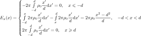 \begin{equation*}
E_x(x)
=
\begin{cases}
-
2\pi \int\limits_{-d}^d \rho_0\dfrac{x'}{d} \mathrm{d}\,\!x'
=
0
,\quad x\leqslant{-d}
\\
\int\limits_{-d}^x 2\pi \rho_0\dfrac{x'}{d} \mathrm{d}\,\!x'
-
\int\limits_{x}^d 2\pi \rho_0\dfrac{x'}{d} \mathrm{d}\,\!x'
=
2\pi \rho_0\dfrac{x^2-d^2}{d}
,\quad -d<x<d
\\
2\pi \int\limits_{-d}^d \rho_0\dfrac{x'}{d} \mathrm{d}\,\!x'
=
0
,\quad x\geqslant{d}
\end{cases}
\end{equation*}