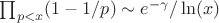$\prod_{p<x}(1-1/p) \sim e^{-\gamma}/\ln(x)$