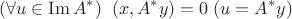 $$ (\forall u\in \operatorname{Im}A^*) \;\;(x,A^*y)=0\; (u=A^*y)$$