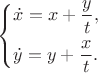 \left\{\!\begin{aligned}
&  \dot{x}=x+\frac{ y }{ t },    \\
&  \dot{y}=y+\frac{ x }{ t }.   
\end{aligned}\right.