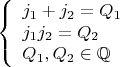 $$\left\{
\begin{array}{lcl}
 j_1+j_2=Q_1\\
j_1j_2=Q_2\\
Q_1,Q_2\in\mathbb{Q}
\end{array}
\right.$$