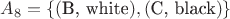 $A_8 = \{(\text{B, white}), (\text{C, black})\}$