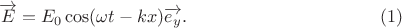 $$\overrightarrow{E}=E_0 \cos(\omega t-kx) \overrightarrow{e_y}.\eqno (1)$$