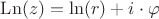 $\operatorname{Ln}(z)=\ln(r)+i\cdot\varphi$
