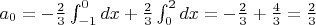 $a_0=-\frac23 \int_{-1}^0dx+\frac23 \int_0^2 dx=-\frac23+\frac43=\frac23$
