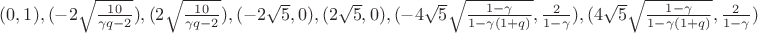 $(0,1), (-2\sqrt{\frac{10}{\gamma q-2}}), (2\sqrt{\frac{10}{\gamma q-2}}), (-2 \sqrt{5}, 0), (2 \sqrt{5}, 0), (-4 \sqrt{5} \sqrt{\frac {1-\gamma}{1-\gamma (1+q)}}, \frac {2}{1-\gamma}), (4 \sqrt{5} \sqrt{\frac {1-\gamma}{1-\gamma (1+q)}}, \frac {2}{1-\gamma}) $