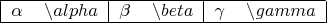 \begin{tabular}{|ll|ll|ll|}
\hline
$\alpha$ &$\backslash alpha$ &$\beta$&$\backslash beta$& $\gamma$ &$\backslash gamma$\\
\hline
\end{tabular}