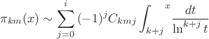 $$\pi_{km}(x) \sim  \sum_{j=0}^{i}{(-1)^j C_{kmj}\int_{k+j}}^{x}{\frac {dt} { \ln^{k+j} t}}}$$