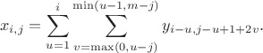 $$
x_{i, j}
= \sum_{u = 1}^i
    \sum_{v = \max(0, u - j)}^{\min(u - 1, m - j)}
        y_{i - u, j - u + 1 + 2 v}.
$$