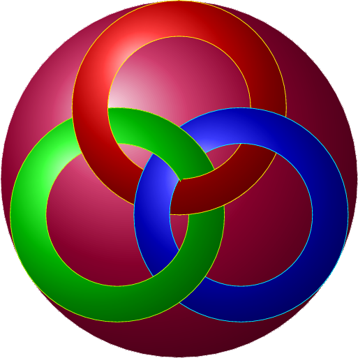 \begin{tikzpicture}

\shadedraw [shading=ball,ball color=purple, white] (0,0) circle (5);
\shadedraw [shading=ball,ball color=red, yellow, even odd rule] (0,2) circle (2) circle (3);
\shadedraw [shading=ball,ball color=blue,  cyan, even odd rule] (1.732,-1) circle (2) circle (3);
\shadedraw [shading=ball,ball color=green, lime, even odd rule] (-1.732,-1) circle (2) circle (3);

\begin{scope}
\clip  (.9,-.6) circle (1);
\shadedraw [shading=ball,ball color=red, yellow, even odd rule] (0,2) circle (2) circle (3);
\end{scope}

\clip (-2.6,1.5) circle (1);
\shadedraw [shading=ball,ball color=red, yellow, even odd rule] (0,2) circle (2) circle (3);
\end{tikzpicture}