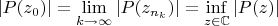 ${|P(z_0)|=\lim\limits_{k\to\infty}|P(z_{n_k})|=\inf\limits_{z\in\mathbb C}|P(z)|}$