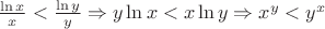 $\frac{\ln x}{x}<\frac{\ln y}{y} \Rightarrow y\ln x<x\ln y\Rightarrow x^y<y^x$