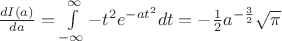 $\frac{dI(a)}{da}=\int\limits_{-\infty}^{\infty} - t^2 e^{-at^2} dt=-\frac{1}{2}a^{-\frac{3}{2}}\sqrt{\pi}$