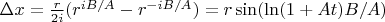 $\Delta x=\frac{r}{2i}(r^{iB/A}-r^{-iB/A})=r\sin(\ln(1+At)B/A)$