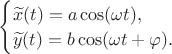 $\begin{cases}\widetilde x(t)=a\cos(\omega t),\\ \widetilde y(t)=b\cos(\omega t+\varphi).\end{cases}$