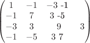 $\begin{pmatrix}
 1 & -1 & -3 $ -1 \\
-1 & 7 & 3 $  -5  \\
-3 & 3  & 9 & 3    \\
-1 & -5 & 3 $ 7      \\
\end{pmatrix}$