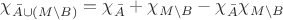 $\chi_ {\bar A  \cup (M \setminus B)} = \chi_{\bar A}+\chi_{M \setminus B}-\chi_{\bar A}\chi_{M \setminus B}$