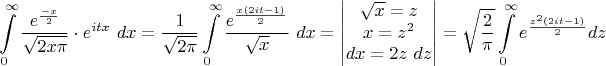 $$ \int\limits_{0}^\infty\frac{e^{\frac{-x}{2}}}{\sqrt{2x\pi}}\cdot e^{itx} \ dx = \frac{1}{\sqrt{2\pi}}\int\limits_{0}^\infty\frac{e^{\frac{x(2it -1)}{2}}}{\sqrt{x}} \ dx =
 \begin{vmatrix}
\sqrt{x} = z \\
x = z^2 \\
dx = 2z \ dz
\end{vmatrix} = \sqrt{\frac{2}{\pi}}\int\limits_{0}^{\infty}e^{\frac{z^2(2it - 1)}{2}}dz  $$