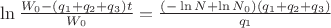 \ln \tfrac{{{W_0} - ({q_1} + {q_2} + {q_3})t}}{{{W_0}}} = \tfrac{{( - \ln N + \ln {N_0})({q_1} + {q_2} + {q_3})}}{{{q_1}}}\