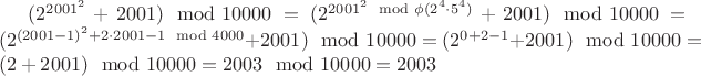 $(2^{2001^2}+2001)\mod 10000=(2^{2001^2\mod \phi(2^4\cdot 5^4)}+2001)\mod 10000=(2^{(2001-1)^2+2\cdot 2001-1\mod 4000}+2001)\mod 10000=(2^{0+2-1}+2001)\mod 10000=(2+2001)\mod 10000=2003\mod 10000=2003$