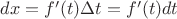 $dx=f^\prime(t)\Delta t=f^\prime(t)dt$