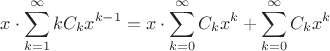 $$x \cdot \sum\limits_{k=1}^{\infty} k C_{k} x^{k-1}=x \cdot \sum\limits_{k=0}^{\infty}C_{k} x^k+\sum\limits_{k=0}^{\infty}C_{k} x^k$$