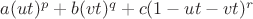 $a{(ut)^p} + b{(vt)^q} + c{(1 - ut - vt)^r}$