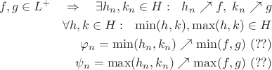 $$\begin{align}f,g \in L^+ \quad \Rightarrow \quad \exists h_n, k_n \in H: \ \ h_n \nearrow f,\ k_n \nearrow g \\
\forall h,k \in H: \ \ \min(h,k), \max(h,k) \in H \\
\varphi_n=\min(h_n, k_n) \nearrow \min(f,g) \ (??) \\
\psi_n=\max(h_n,k_n) \nearrow \max(f,g) \ (??)
\end{align}$$