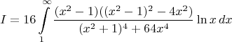 $$I=16\int\limits_1^\infty\frac{(x^2-1)((x^2-1)^2-4x^2)}{(x^2+1)^4+64x^4}\ln{x}\,dx$$
