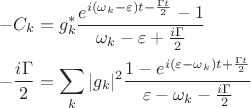 $$\begin{align}
	-C_k&=g_k^*\frac{e^{i(\omega_k-\varepsilon)t-\frac{\Gamma   t}{2}}-1}{\omega_k-\varepsilon+\frac{i\Gamma}{2}}\\
	-\frac{i\Gamma}{2}&=\sum_k |g_k|^2\frac{1-e^{i(\varepsilon-\omega_k)t+\frac{\Gamma t}{2}}}{\varepsilon-\omega_k-\frac{i\Gamma}{2}}
\end{align}$$