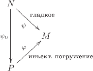 \xymatrix{
    N \ar[rd]_{\psi}^{\text{гладкое}} \ar[dd]_{\psi_0} & \\
   & M\\
   P \ar[ur]^\varphi _{\text{инъект. погружение}}            & \\
}