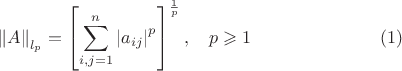 $$
\left\| A \right\|_{l_p }  = \left[ {\sum\limits_{i,j = 1}^n {\left| {a_{ij} } \right|^p } } \right]^{\frac{1}
{p}} ,\quad p \geqslant 1\quad \quad \quad \quad \quad \quad \quad \left( 1 \right)
$$