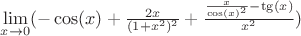 $\lim\limits_{x\to 0}(-\cos(x)+\frac{2x}{(1+x^2)^2}+\frac{\frac{x}{\cos(x)^2}-\tg(x)}{x^2})$