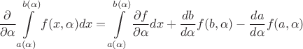 $$\[\frac{\partial }{{\partial \alpha }}\int\limits_{a(\alpha )}^{b(\alpha )} {f(x,\alpha )dx}  = \int\limits_{a(\alpha )}^{b(\alpha )} {\frac{{\partial f}}{{\partial \alpha }}dx}  + \frac{{db}}{{d\alpha }}f(b,\alpha ) - \frac{{da}}{{d\alpha }}f(a,\alpha )\]$$
