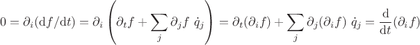 $$
0 = \partial_i(\mathrm df/\mathrm dt) = \partial_i \left( \partial_t f + \sum_j \partial_j f \ \dot q_j \right) = \partial_t (\partial_i f) + \sum_j \partial_j (\partial_i f) \ \dot q_j = 
\frac{\mathrm d}{\mathrm dt} (\partial_i f)
$$