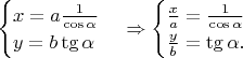 $\begin{cases}x=a\frac{1}{\cos\alpha}\\y=b\tg\alpha\end{cases}\Rightarrow\begin{cases}\frac{x}{a}=\frac{1}{\cos\alpha}\\\frac{y}{b}=\tg\alpha.\end{cases}$
