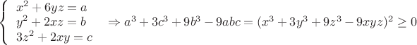 $\left\{ \begin{array}{lcl} 
x^2+6yz=a 
\\ y^2+2xz=b 
\\ 3z^2+2xy=c 
\end{array}\right\ \Rightarrow a^3+3c^3+9b^3-9abc=(x^3+3y^3+9z^3-9xyz)^2\geq0$