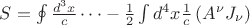 $S=\oint \frac{d^3 x}{c} \dots - \frac{1}{2}\int{d^4 x \frac{1}{c}\left( A^{\nu}J_{\nu}\right)}$ $S=\oint \frac{d^3 x}{c} \dots - \frac{1}{2}\int{d^4 x \frac{1}{c}\left( A^{\nu}J_{\nu}\right)}$