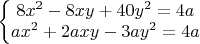 $\left\{\begin{matrix}
8x^2-8xy+40y^2=4a\\ 
ax^2+2axy-3ay^2=4a
\end{matrix}\right.$