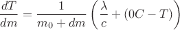 $$\dfrac{dT}{dm}=\dfrac{1}{m_0+dm}\left(\dfrac{\lambda}{c}+(0°C-T)\right)$$ $$\dfrac{dT}{dm}=\dfrac{1}{m_0+dm}\left(\dfrac{\lambda}{c}+(0°C-T)\right)$$