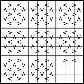 $\tikz[scale=.06]{
\draw [ultra thick] (0,0)--(0,90)--(90,90)--(90,0)--(0,0);
\draw(0,10)--(90,10);
\draw(0,20)--(90,20);
\draw [very thick](0,30)--(90,30);
\draw(0,40)--(90,40);
\draw(0,50)--(90,50);
\draw [very thick](0,60)--(90,60);
\draw(0,70)--(90,70);
\draw(0,80)--(90,80);
\draw(10,0)--(10,90);
\draw(20,0)--(20,90);
\draw [very thick](30,0)--(30,90);
\draw(40,0)--(40,90);
\draw(50,0)--(50,90);
\draw [very thick](60,0)--(60,90);
\draw(70,0)--(70,90);
\draw(80,0)--(80,90);
\draw[thick](22,83.4)--(18,85)--(22,86.6);
\draw[thick](52,83.4)--(48,85)--(52,86.6);
\draw[thick](72,83.4)--(68,85)--(72,86.6);
\draw[thick](8,83.4)--(12,85)--(8,86.6);
\draw[thick](38,83.4)--(42,85)--(38,86.6);
\draw[thick](78,83.4)--(82,85)--(78,86.6);
\draw[thick](22,73.4)--(18,75)--(22,76.6);
\draw[thick](42,73.4)--(38,75)--(42,76.6);
\draw[thick](52,73.4)--(48,75)--(52,76.6);
\draw[thick](8,73.4)--(12,75)--(8,76.6);
\draw[thick](68,73.4)--(72,75)--(68,76.6);
\draw[thick](78,73.4)--(82,75)--(78,76.6);
\draw[thick](12,63.4)--(8,65)--(12,66.6);
\draw[thick](42,63.4)--(38,65)--(42,66.6);
\draw[thick](82,63.4)--(78,65)--(82,66.6);
\draw[thick](18,63.4)--(22,65)--(18,66.6);
\draw[thick](48,63.4)--(52,65)--(48,66.6);
\draw[thick](68,63.4)--(72,65)--(68,66.6);
\draw[thick](22,53.4)--(18,55)--(22,56.6);
\draw[thick](52,53.4)--(48,55)--(52,56.6);
\draw[thick](72,53.4)--(68,55)--(72,56.6);
\draw[thick](82,53.4)--(78,55)--(82,56.6);
\draw[thick](8,53.4)--(12,55)--(8,56.6);
\draw[thick](38,53.4)--(42,55)--(38,56.6);
\draw[thick](12,43.4)--(8,45)--(12,46.6);
\draw[thick](22,43.4)--(18,45)--(22,46.6);
\draw[thick](42,43.4)--(38,45)--(42,46.6);
\draw[thick](82,43.4)--(78,45)--(82,46.6);
\draw[thick](48,43.4)--(52,45)--(48,46.6);
\draw[thick](68,43.4)--(72,45)--(68,46.6);
\draw[thick](52,33.4)--(48,35)--(52,36.6);
\draw[thick](72,33.4)--(68,35)--(72,36.6);
\draw[thick](8,33.4)--(12,35)--(8,36.6);
\draw[thick](18,33.4)--(22,35)--(18,36.6);
\draw[thick](38,33.4)--(42,35)--(38,36.6);
\draw[thick](78,33.4)--(82,35)--(78,36.6);
\draw[thick](42,23.4)--(38,25)--(42,26.6);
\draw[thick](82,23.4)--(78,25)--(82,26.6);
\draw[thick](8,23.4)--(12,25)--(8,26.6);
\draw[thick](18,23.4)--(22,25)--(18,26.6);
\draw[thick](48,23.4)--(52,25)--(48,26.6);
\draw[thick](68,23.4)--(72,25)--(68,26.6);
\draw[thick](12,13.4)--(8,15)--(12,16.6);
\draw[thick](42,13.4)--(38,15)--(42,16.6);
\draw[thick](18,13.4)--(22,15)--(18,16.6);
\draw[thick](48,13.4)--(52,15)--(48,16.6);
\draw[thick](12,3.4)--(8,5)--(12,6.6);
\draw[thick](52,3.4)--(48,5)--(52,6.6);
\draw[thick](18,3.4)--(22,5)--(18,6.6);
\draw[thick](38,3.4)--(42,5)--(38,6.6);
\draw[thick](13.4,82)--(15,78)--(16.6,82);
\draw[thick](33.4,82)--(35,78)--(36.6,82);
\draw[thick](43.4,82)--(45,78)--(46.6,82);
\draw[thick](3.4,78)--(5,82)--(6.6,78);
\draw[thick](23.4,78)--(25,82)--(26.6,78);
\draw[thick](53.4,78)--(55,82)--(56.6,78);
\draw[thick](63.4,78)--(65,82)--(66.6,78);
\draw[thick](73.4,78)--(75,82)--(76.6,78);
\draw[thick](83.4,78)--(85,82)--(86.6,78);
\draw[thick](3.4,72)--(5,68)--(6.6,72);
\draw[thick](53.4,72)--(55,68)--(56.6,72);
\draw[thick](73.4,72)--(75,68)--(76.6,72);
\draw[thick](13.4,68)--(15,72)--(16.6,68);
\draw[thick](23.4,68)--(25,72)--(26.6,68);
\draw[thick](33.4,68)--(35,72)--(36.6,68);
\draw[thick](43.4,68)--(45,72)--(46.6,68);
\draw[thick](63.4,68)--(65,72)--(66.6,68);
\draw[thick](83.4,68)--(85,72)--(86.6,68);
\draw[thick](3.4,52)--(5,48)--(6.6,52);
\draw[thick](33.4,52)--(35,48)--(36.6,52);
\draw[thick](53.4,52)--(55,48)--(56.6,52);
\draw[thick](73.4,52)--(75,48)--(76.6,52);
\draw[thick](83.4,52)--(85,48)--(86.6,52);
\draw[thick](13.4,48)--(15,52)--(16.6,48);
\draw[thick](23.4,48)--(25,52)--(26.6,48);
\draw[thick](43.4,48)--(45,52)--(46.6,48);
\draw[thick](63.4,48)--(65,52)--(66.6,48);
\draw[thick](3.4,42)--(5,38)--(6.6,42);
\draw[thick](13.4,42)--(15,38)--(16.6,42);
\draw[thick](23.4,42)--(25,38)--(26.6,42);
\draw[thick](43.4,42)--(45,38)--(46.6,42);
\draw[thick](63.4,42)--(65,38)--(66.6,42);
\draw[thick](33.4,38)--(35,42)--(36.6,38);
\draw[thick](53.4,38)--(55,42)--(56.6,38);
\draw[thick](73.4,38)--(75,42)--(76.6,38);
\draw[thick](83.4,38)--(85,42)--(86.6,38);
\draw[thick](3.4,22)--(5,18)--(6.6,22);
\draw[thick](23.4,22)--(25,18)--(26.6,22);
\draw[thick](13.4,18)--(15,22)--(16.6,18);
\draw[thick](33.4,18)--(35,22)--(36.6,18);
\draw[thick](43.4,18)--(45,22)--(46.6,18);
\draw[thick](53.4,18)--(55,22)--(56.6,18);
\draw[thick](33.4,12)--(35,8)--(36.6,12);
\draw[thick](43.4,12)--(45,8)--(46.6,12);
\draw[thick](3.4,8)--(5,12)--(6.6,8);
\draw[thick](13.4,8)--(15,12)--(16.6,8);
\draw[thick](23.4,8)--(25,12)--(26.6,8);
\draw[thick](53.4,8)--(55,12)--(56.6,8);
}$