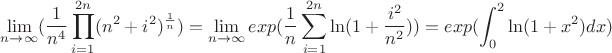 $$\lim_{n\to \infty }(\frac{1}{n^4}\prod\limits_{i=1}^{2n} (n^2 + i^2 )^\frac{1}{n} )=\lim_{n\to \infty }exp(\frac 1n \sum_{i=1}^{2n}\ln(1+\frac{i^2}{n^2}))=exp(\int_0^2 \ln(1+x^2)dx)  $$