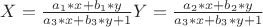 $X=\frac{a_1*x+b_1*y}{a_3*x+b_3*y+1}   Y=\frac{a_2*x+b_2*y}{a_3*x+b_3*y+1}$
