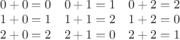 $\begin{array}{rrr}0+0=0&0+1=1&0+2=2\\1+0=1&1+1=2&1+2=0\\2+0=2&2+1=0&2+2=1\end{array}$