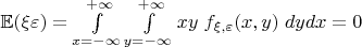 $\mathbb E(\xi\varepsilon)=\int\limits_{x=-\infty}^{+\infty}\int\limits_{y=-\infty}^{+\infty} xy \;f_{\xi, \varepsilon}(x,y)\; dy dx = 0$
