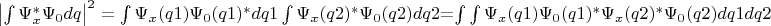 $\left|\int\Psi_x^*\Psi_0 dq\right|^2=\int\Psi_{x}(q1)\Psi_{0}(q1)^* dq1 \int\Psi_{x}(q2)^*\Psi_{0}(q2) dq2$=\int\int\Psi_{x}(q1)\Psi_{0}(q1)^*  \Psi_{x}(q2)^*\Psi_{0}(q2) dq1dq2$